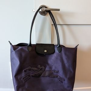 Longchamp Large Le Pliage Purple Limited Edition Embossed Logo Black Handles